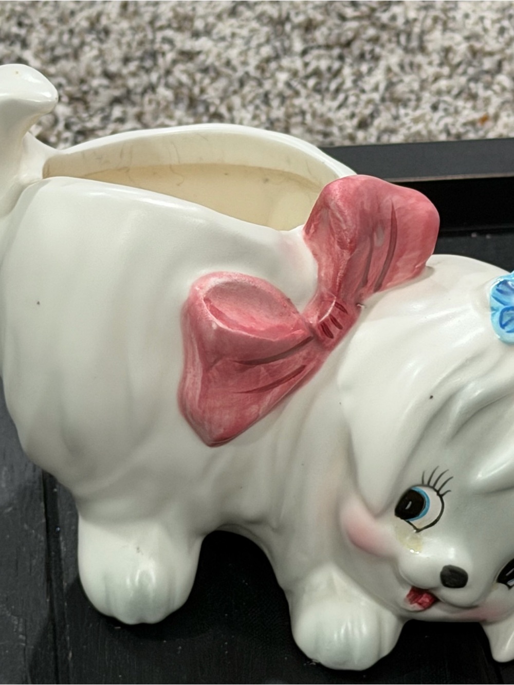 Lefton White Ceramic Puppy Planter with Pink Bow - Mr Toodles